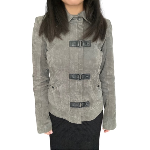 Blink Gray Suede Leather Jacket with Faux Leather Strap Detailing Size XXS - Picture 2 of 10